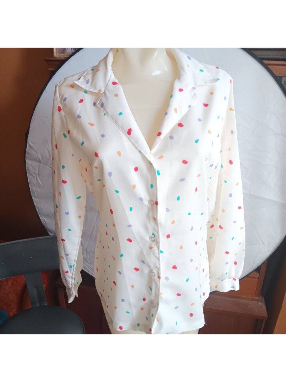 1970's 80s Polka Dot Vintage Women's Medium Top 12 Blouse Polyester Granny